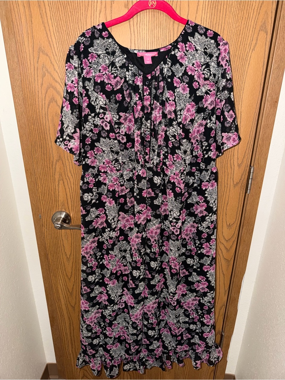 Woman Within Floral Midi Dress in Black and Pink - Lightweight Women's Dress